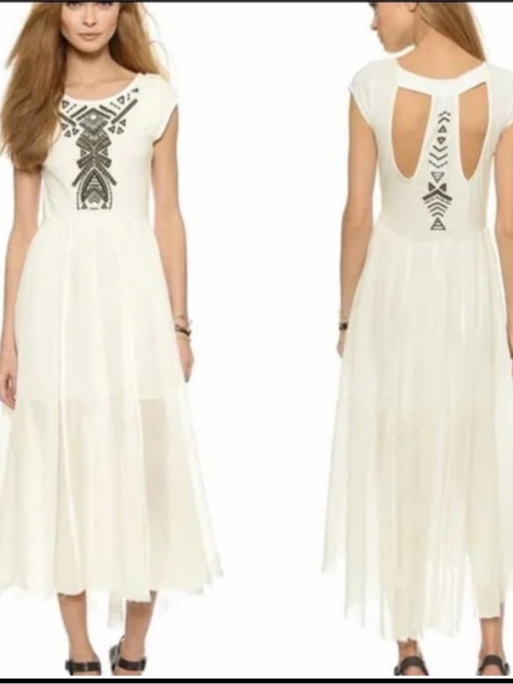 Free People Blush Maxi Midi Dress with Black Embroidered Bodice and back cutouts